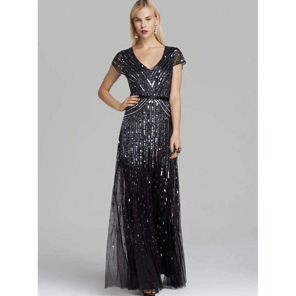 NWT Adrianna Papell  Beaded V Neck Gown Dress Size 6 Black Ana Silver